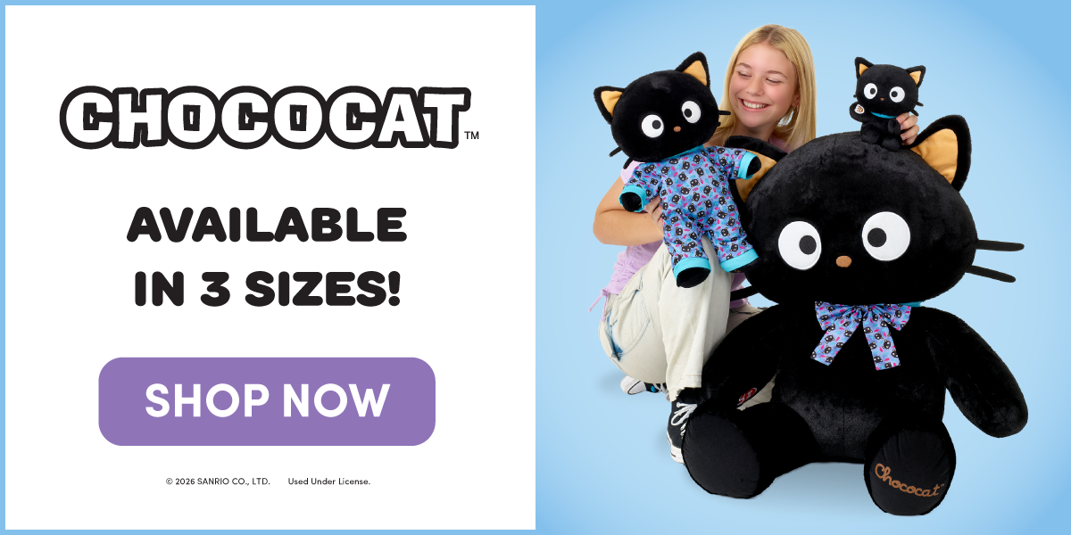 CHOCOCAT™ graphic featuring a giant Chococat plush, a standard-sized Chococat plush, and a Chococat Mini Beans® plush displayed together. A person holds the standard-sized Chococat plush dressed in blue character-print pajamas and a Mini Beans® Chococat plush while posing beside the giant Chococat plush with a matching patterned bow. All three Chococat plush have black fur, large white eyes, tan inner ears, and signature whiskers against a light blue background. Text reads: CHOCOCAT™, AVAILABLE IN 3 SIZES!, and SHOP NOW.