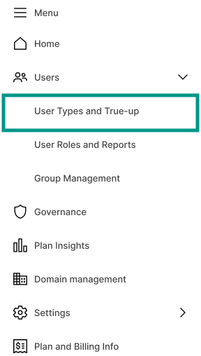 Admin Center menu in User Subscription Model showing User Types and True-up option