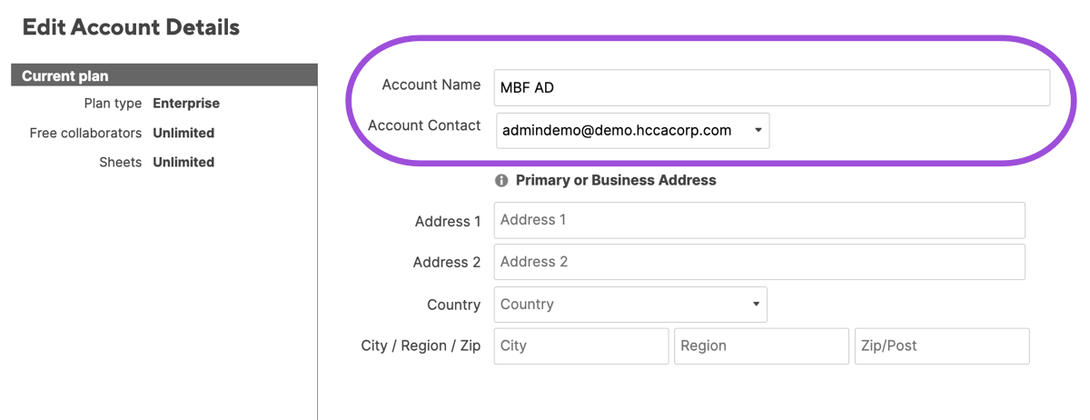 Modify the account name or designated main contact