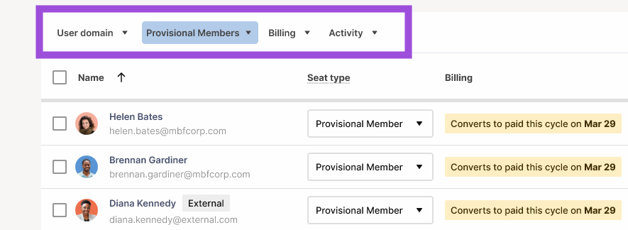 Other filters on the User Types and True-up page in Admin Center
