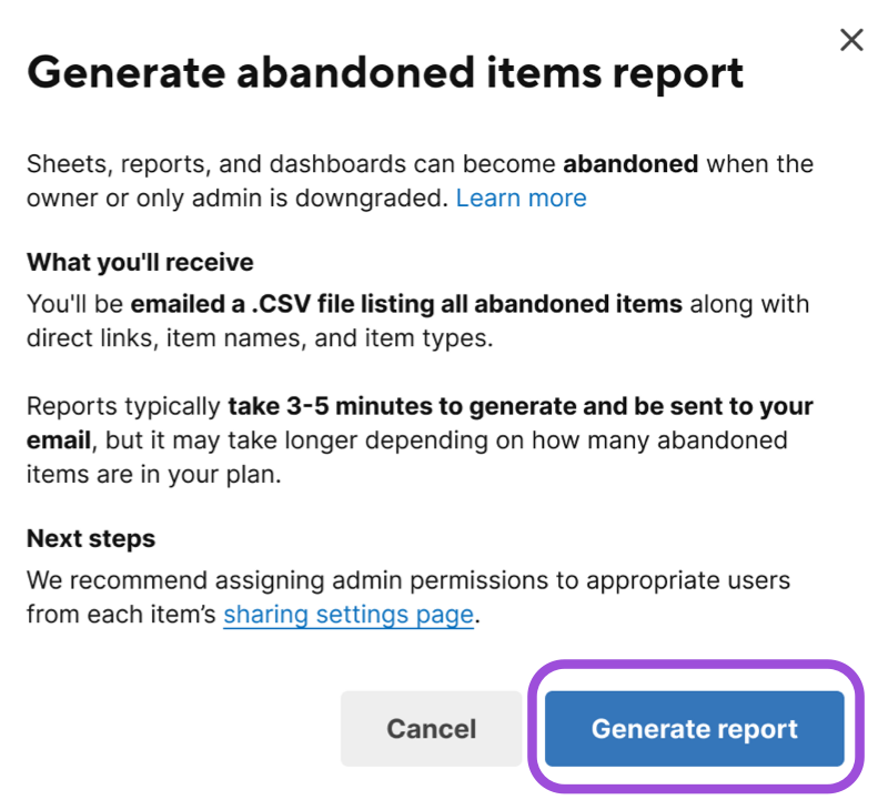 Generate report dialog box confirmation