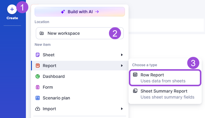 Create a row report steps from create button