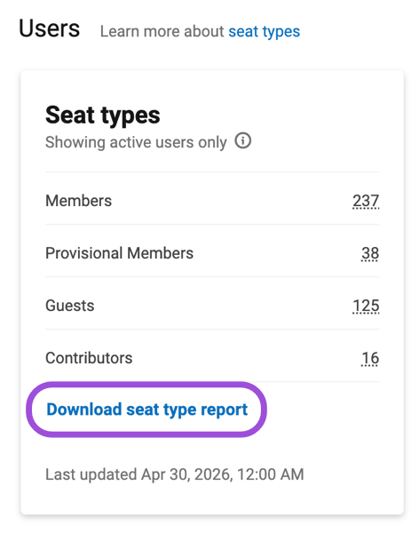 Download seat type report option on the Admin Center homepage