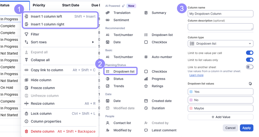 Steps to create a dropdown column in Table View