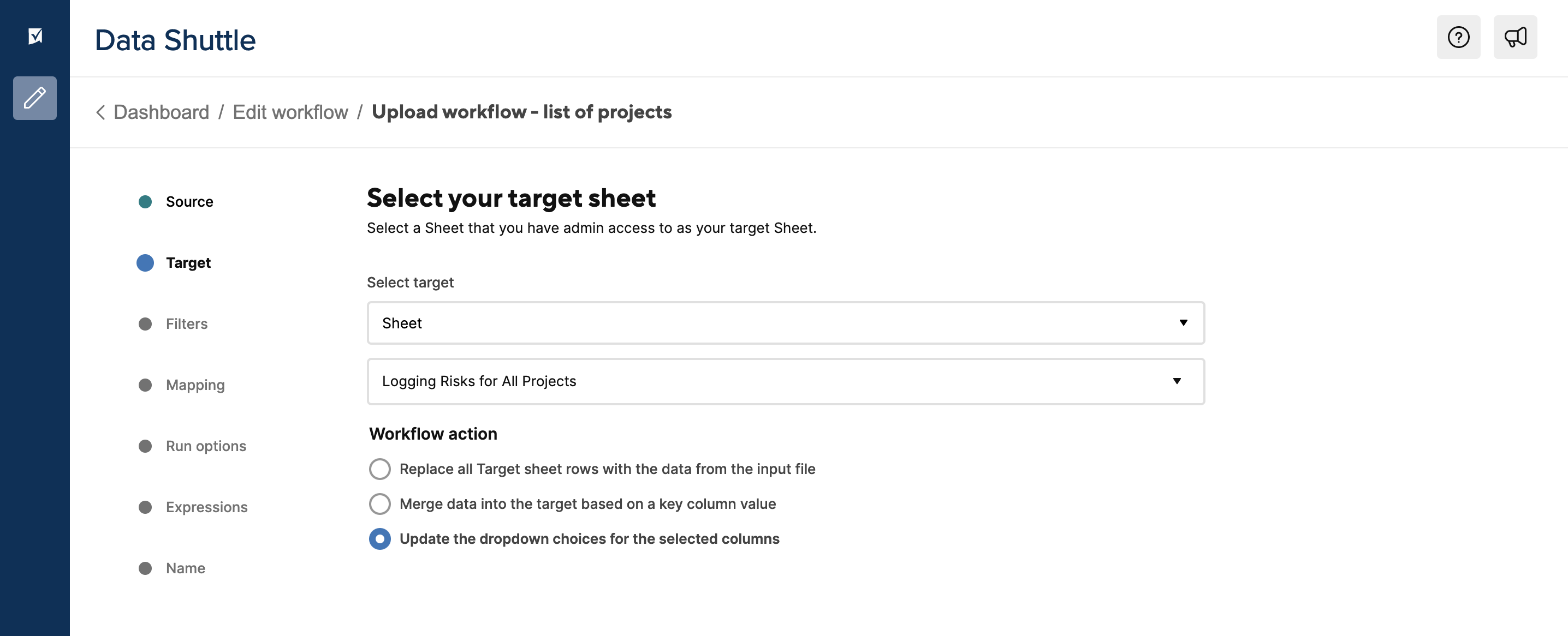 Image showing the "Select your target sheet" screen, where the option "Update the dropdown choices for the selected columns" is selected