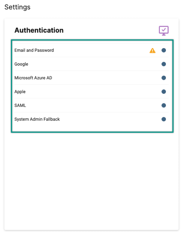 Authentication card on Admin Center homepage