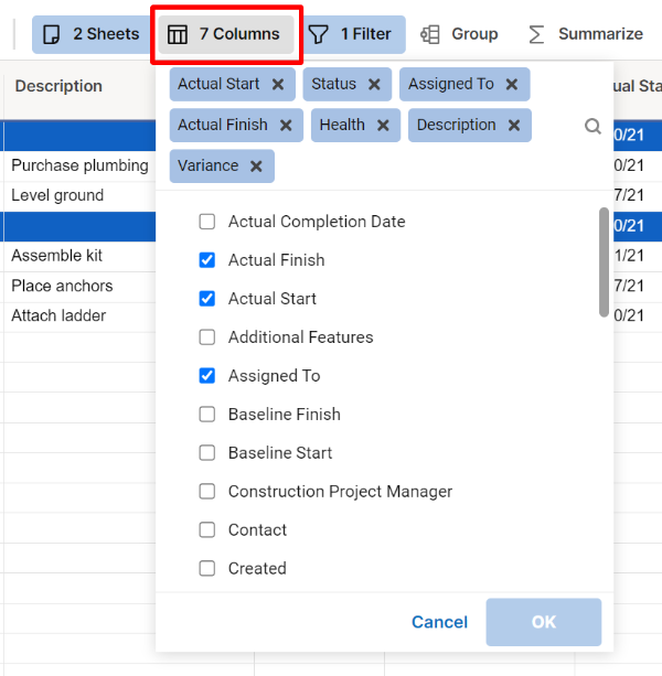 Column selection in a report