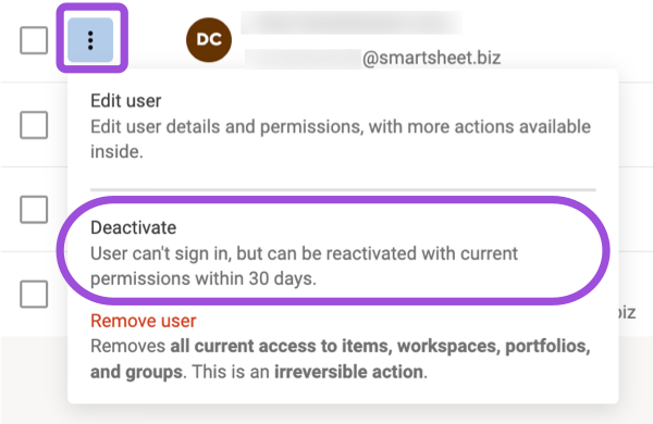 Kebab icon at the start of a user's row, opening an action menu with Deactivate highlighted between Edit user and Remove user