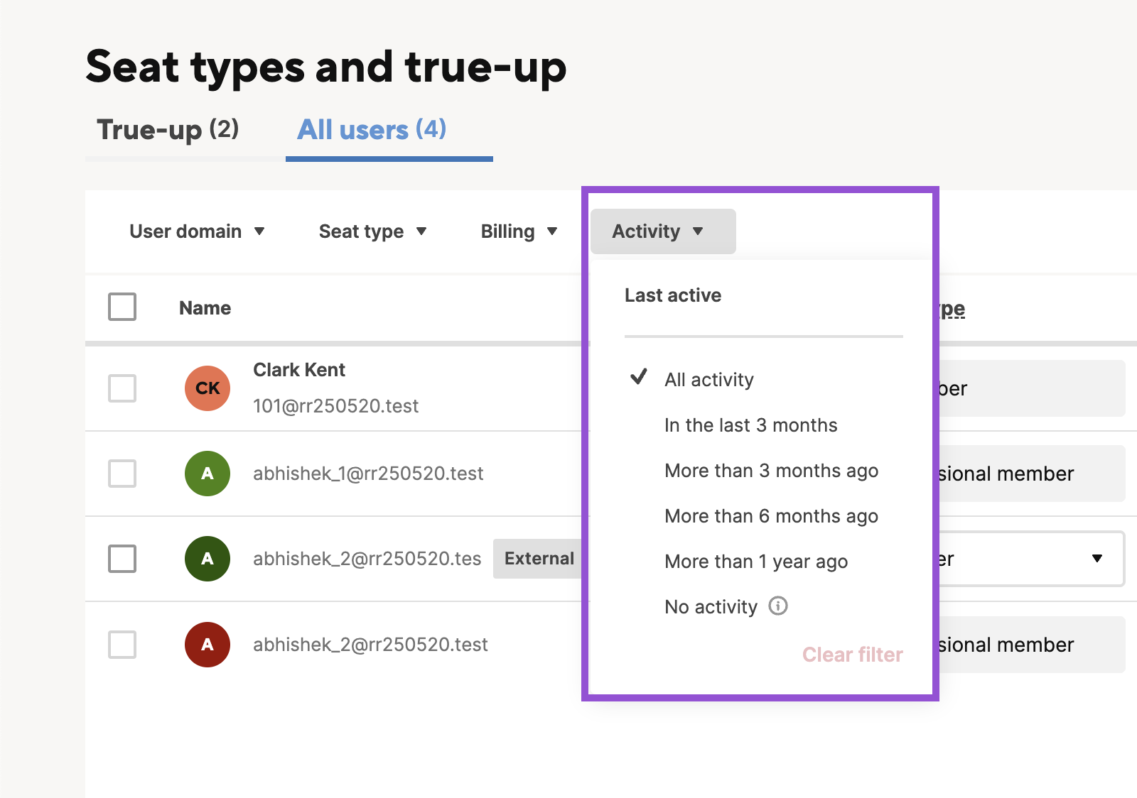 Last active filter on the User Types and True-up page in Admin Center