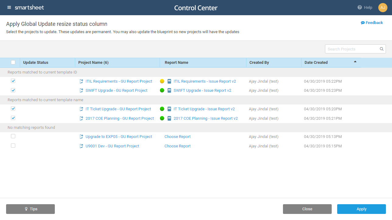 Global updates reports apply