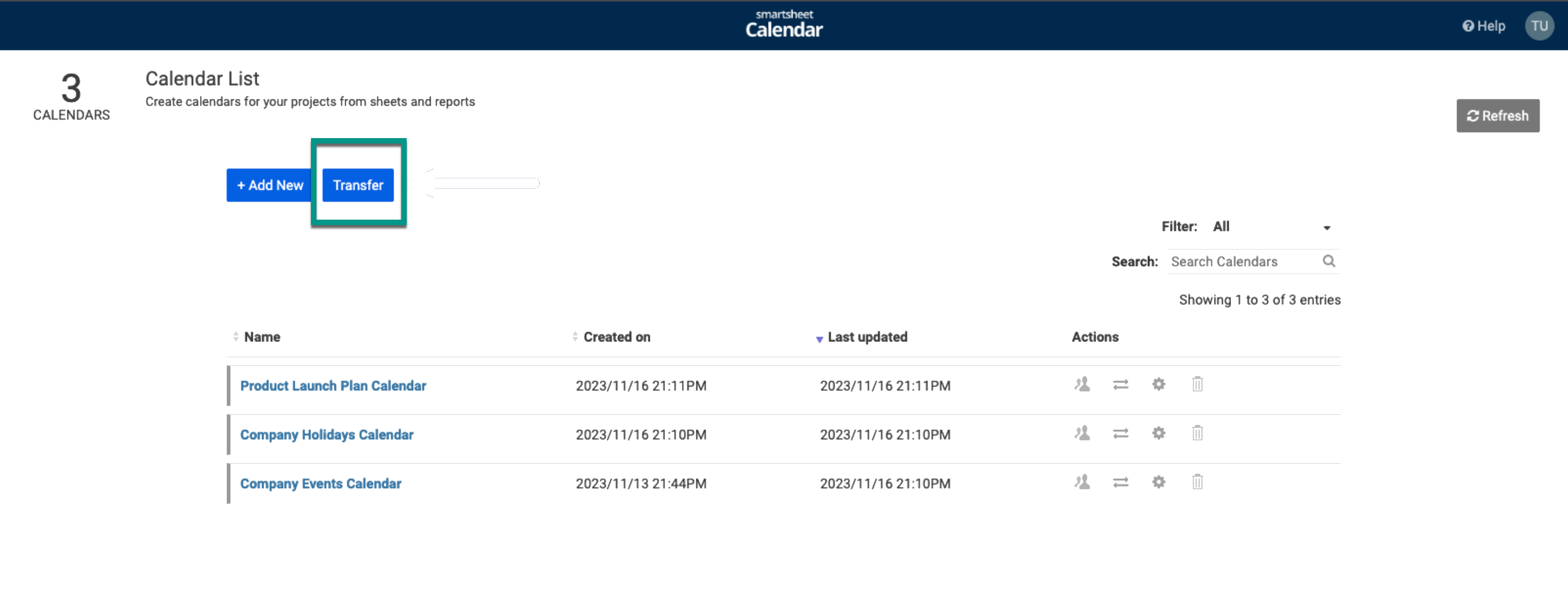 Calendar App Sys Admin Transfer Button