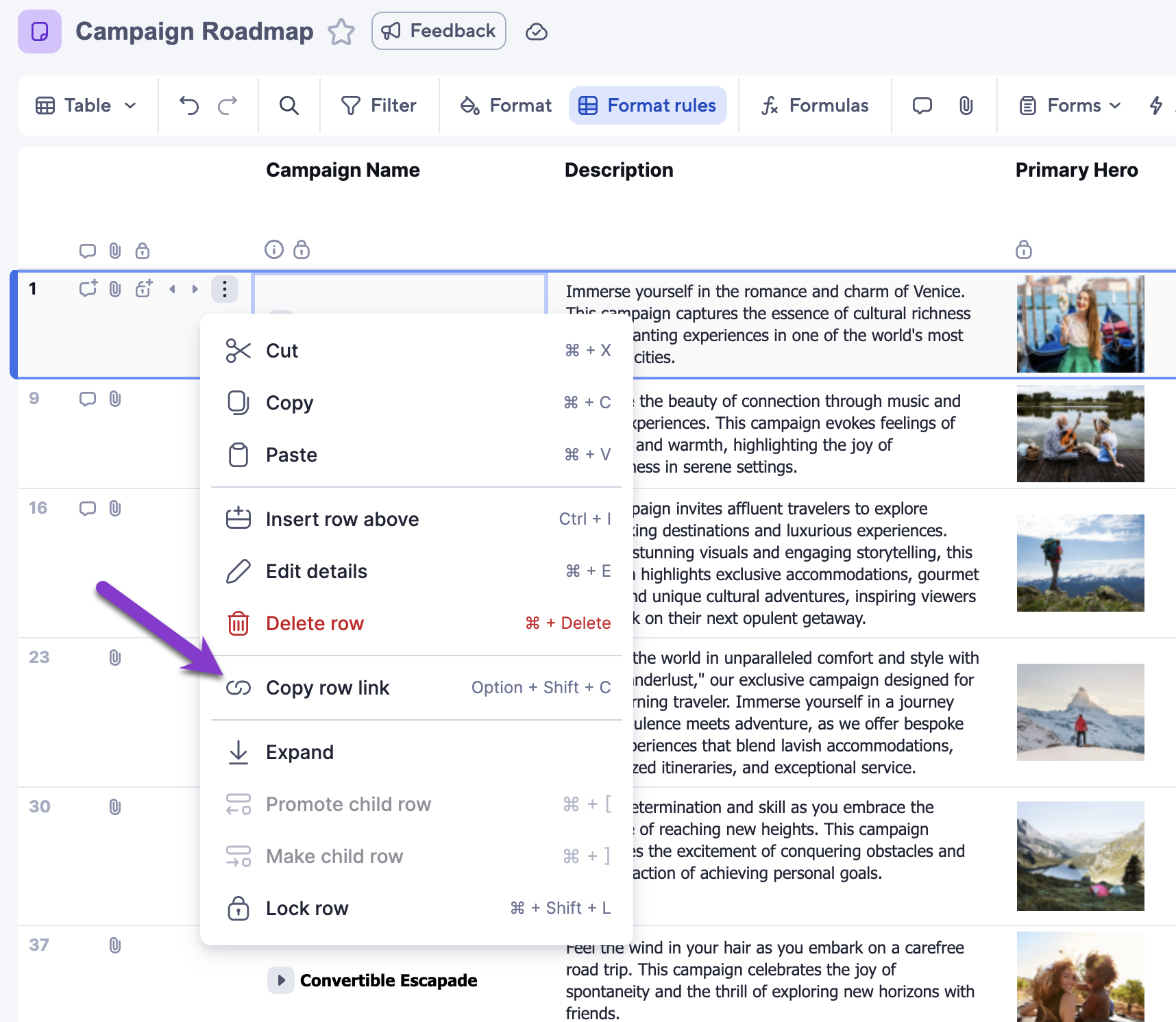 copy row link in table view
