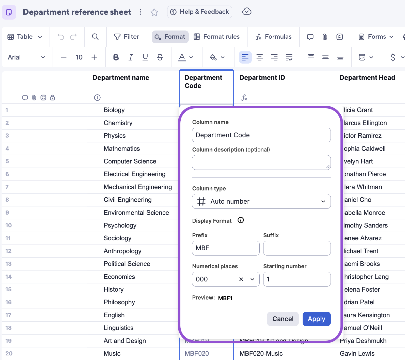 autonumber column settings