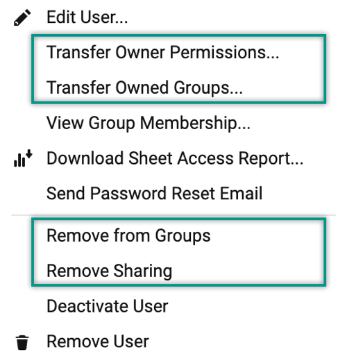 Action menu for managing users in Admin Center