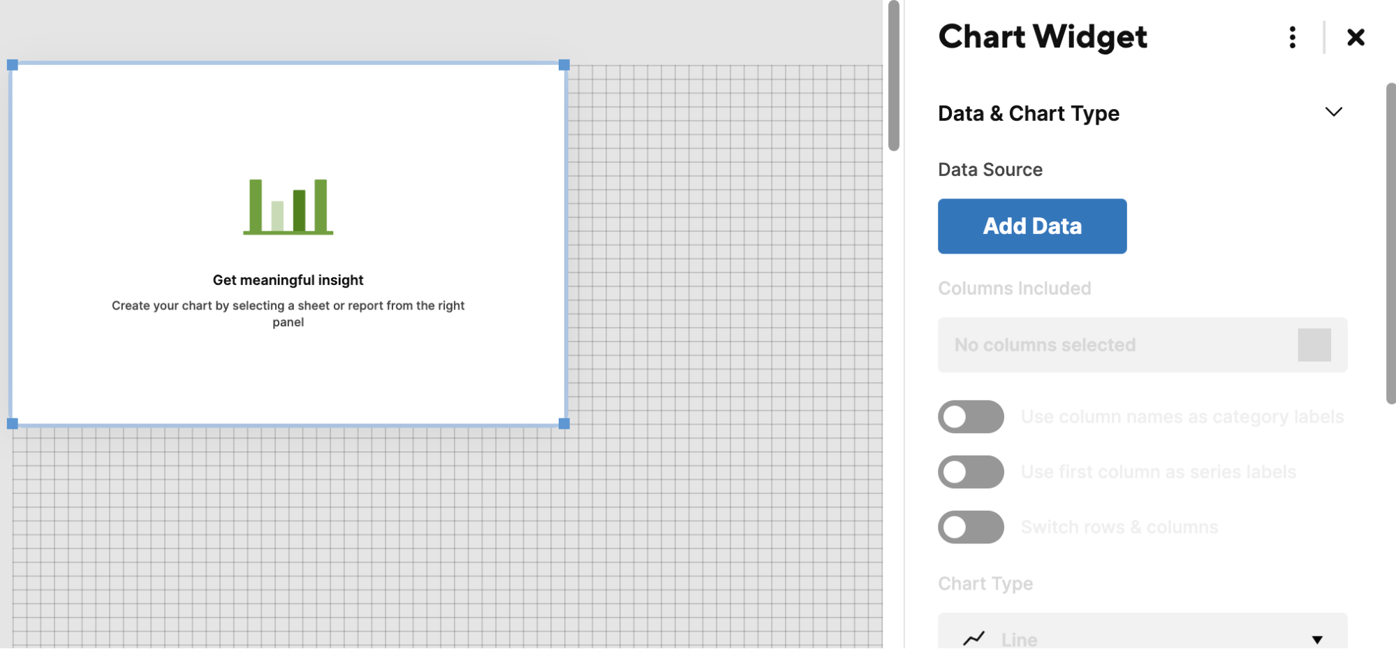 New chart widget on canvas with settings panel on the right side