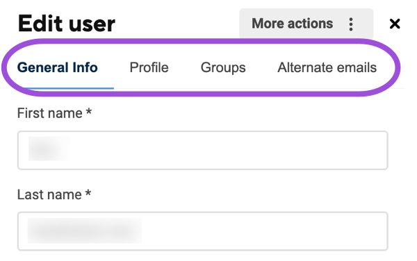Four tabs at the top of the Edit user panel, below the panel title and More actions menu: General Info (selected), Profile, Groups, and Alternate emails