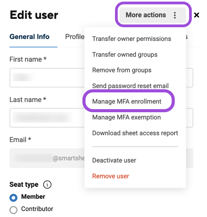 More actions button in the top right of the Edit user panel, with its menu open and Manage MFA enrollment highlighted between Send password reset email and Manage MFA exemption