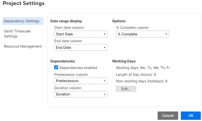 Dependency settings in the Project Settings dialog