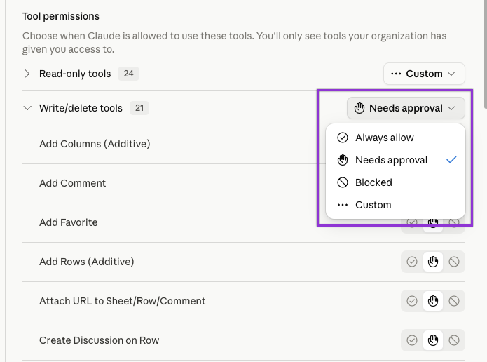 Controls to set Claude's permissions for Smartsheet tools