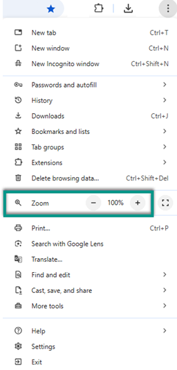 Chrome menu showing zoom in and out controls