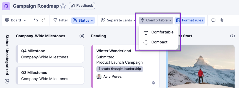 comfortable or compact cards in board view