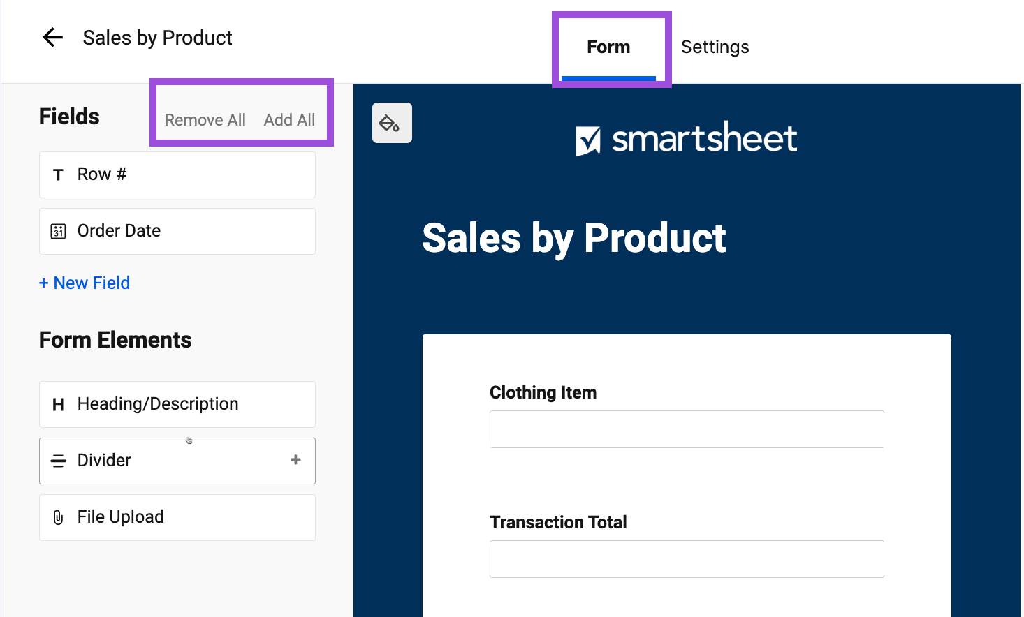 remove all/add all forms builder