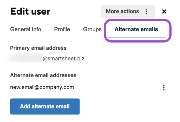 Alternate emails tab, selected, at the right end of the tabs in the Edit user panel, showing the primary email address, a list of alternate email addresses with a kebab menu beside each, and an Add alternate email button