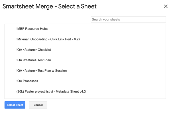 Sheet picker in Smartsheet merge sidebar