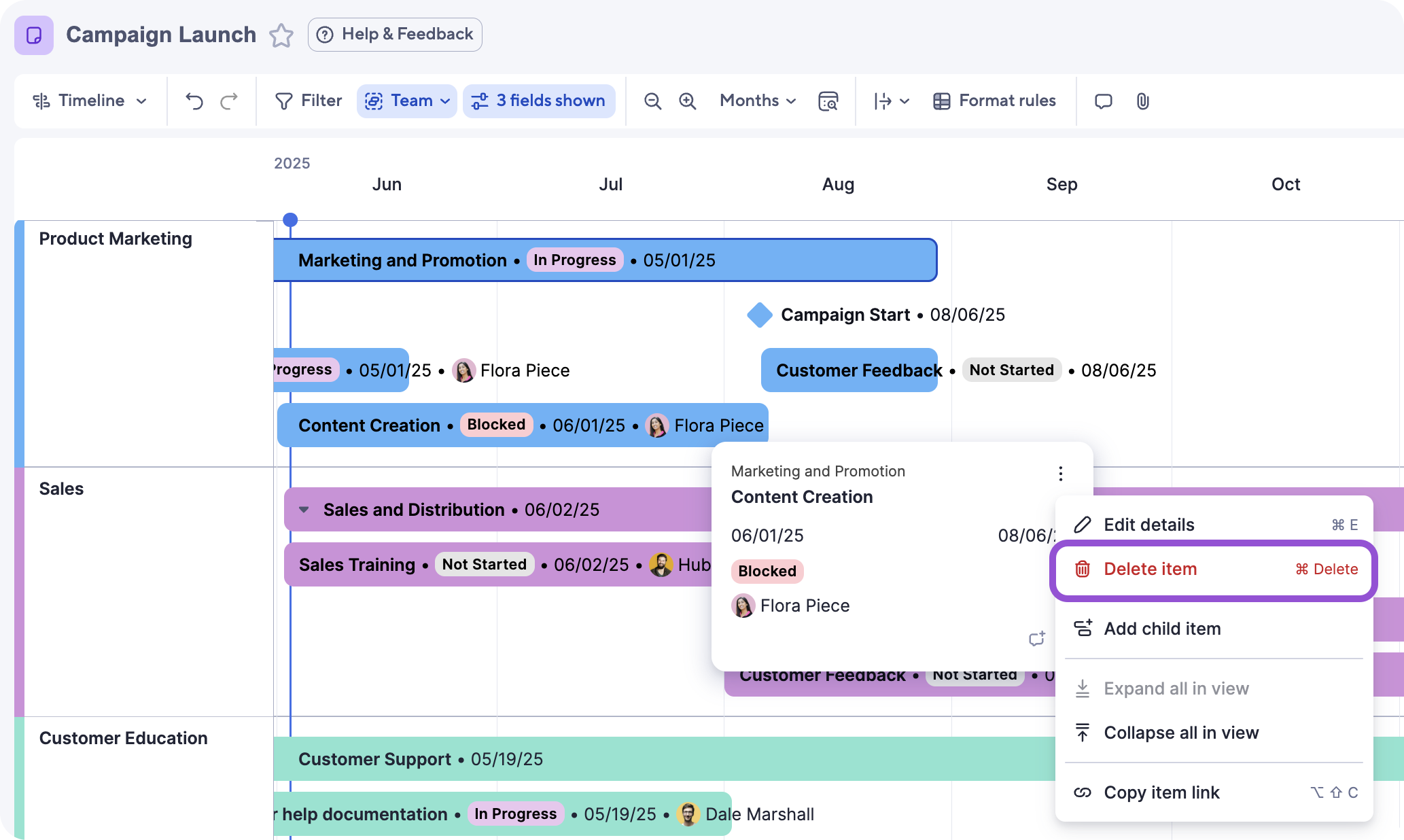 delete item in timeline view