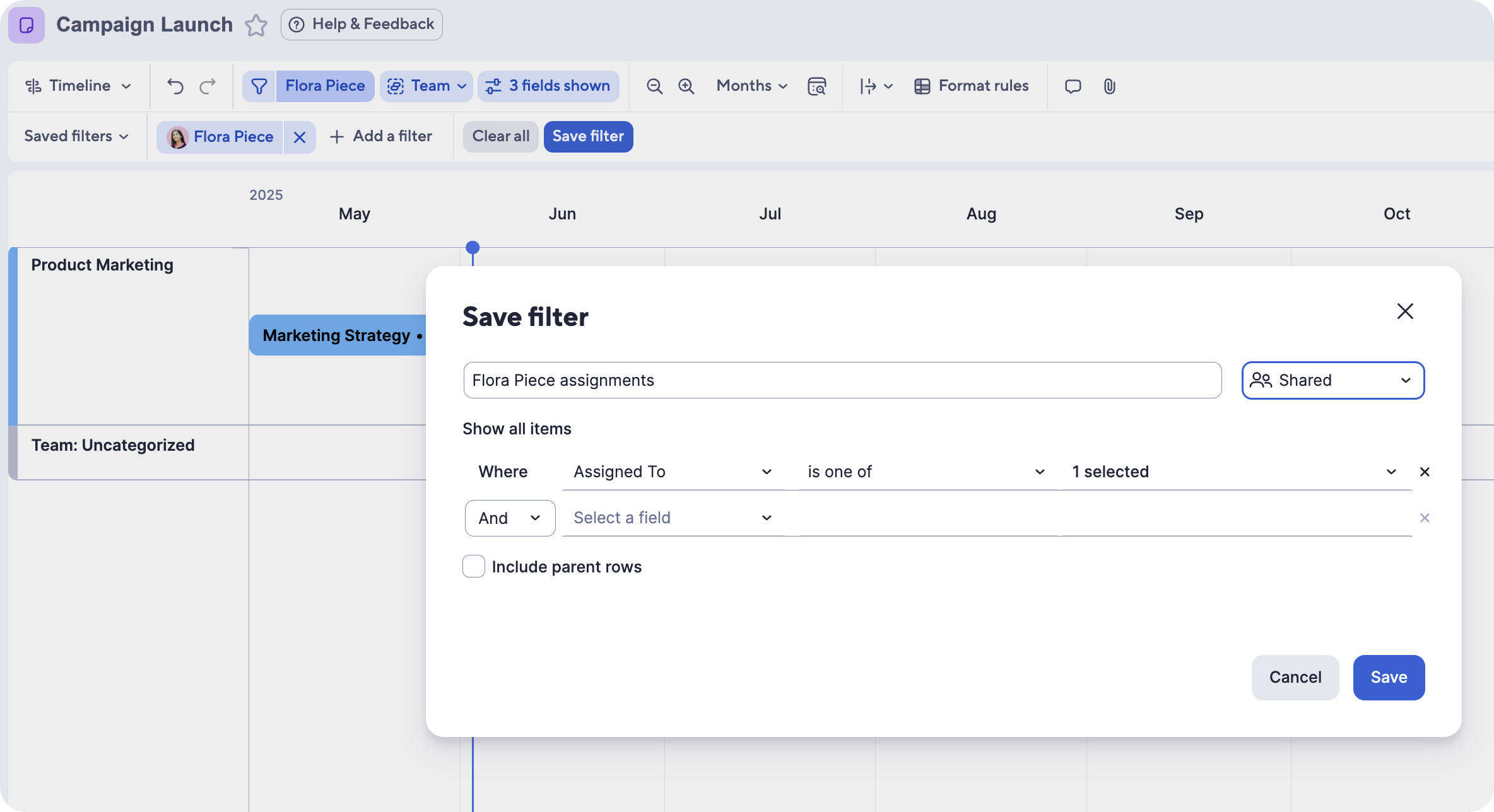 save your filter in timeline view