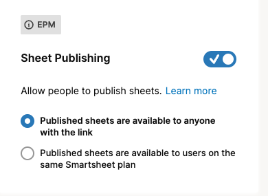 Buttons to enable Sheet Publishing options