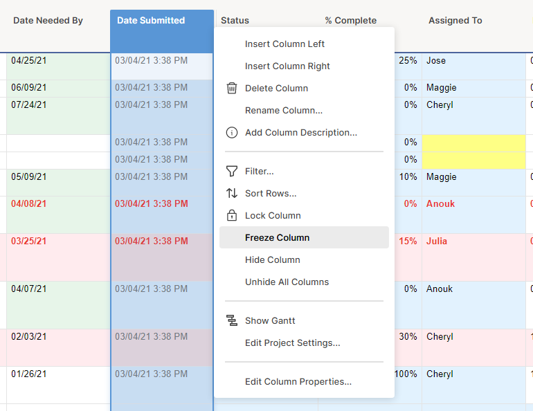 Column Menu Freeze