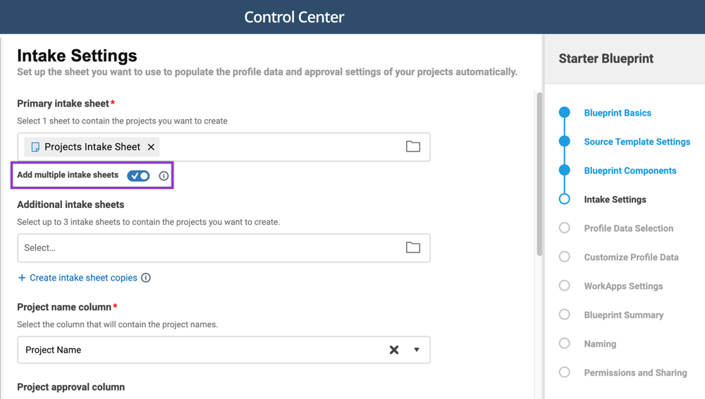 Intake Settings window