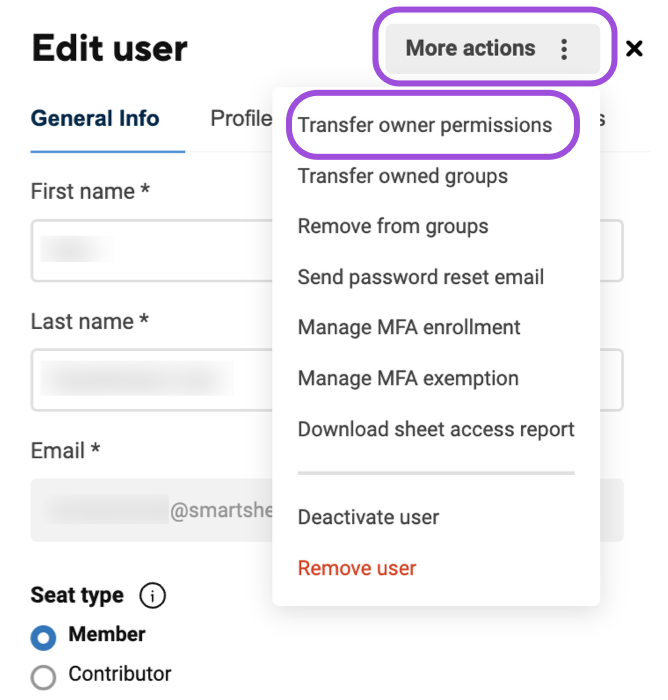 More actions button in the top right of the Edit user panel, with its menu open and Transfer owner permissions highlighted as the first option