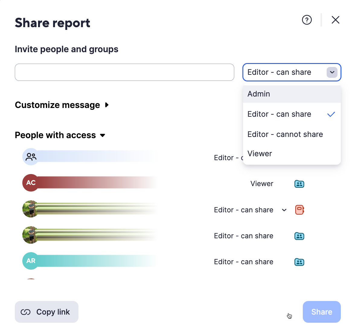 Sharing permissions modal view