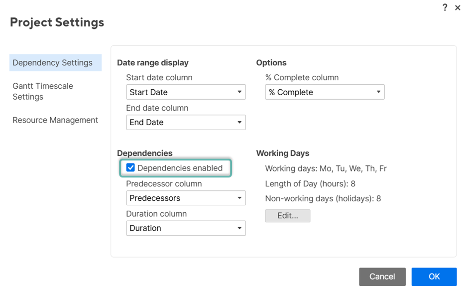 Dependencies enabled checkbox in the Project Settings dialog