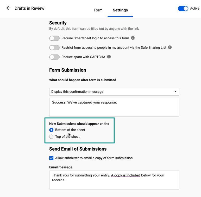 New submissions bottom of sheet form settings