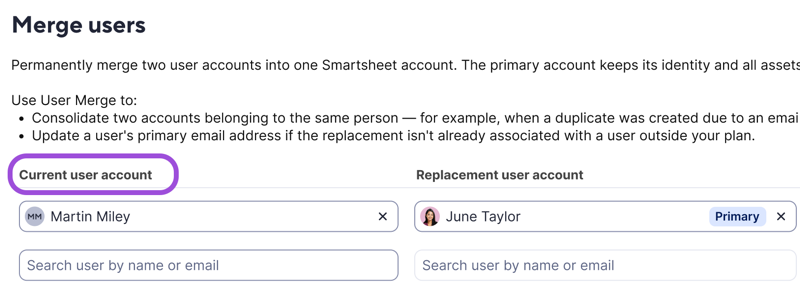 Select the user account to merge