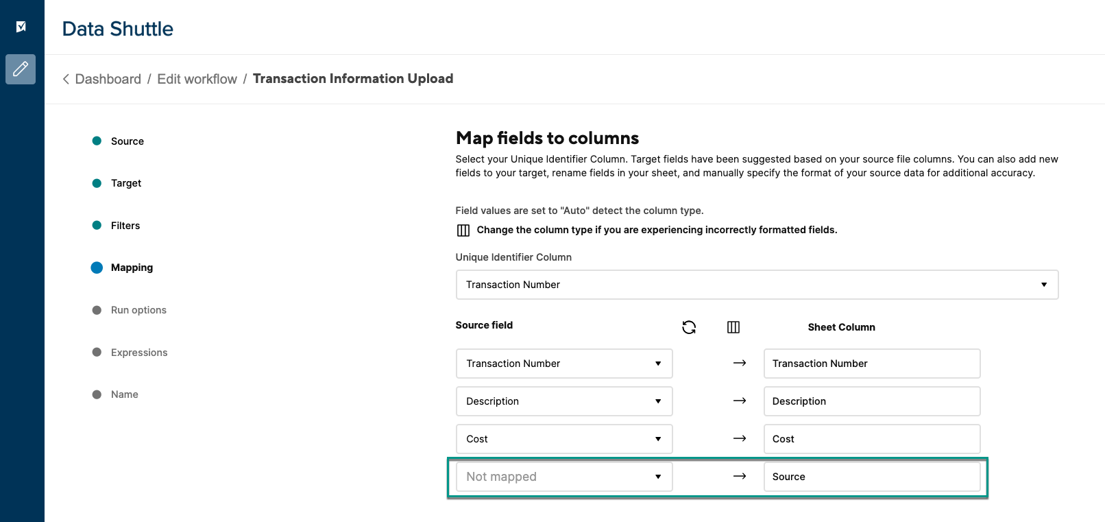 The source column shouldn't be mapped