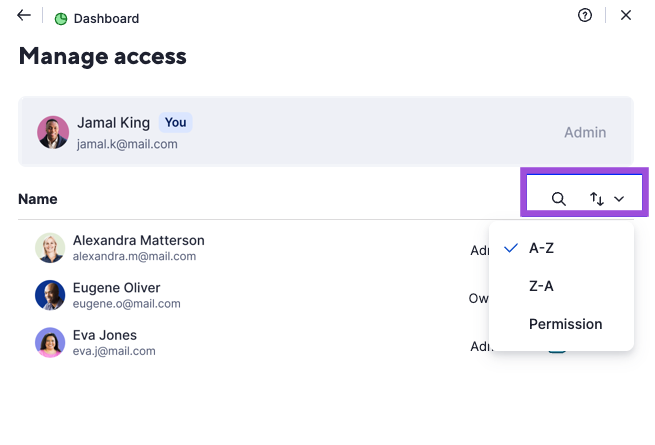 Search and sort dashboard