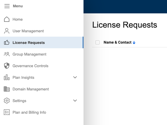 License Requests window in Admin Center