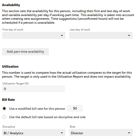 The utilization target percent and bill rate on the Edit Profile page