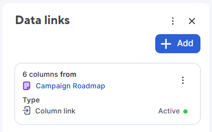 Data links panel with column link configuration information