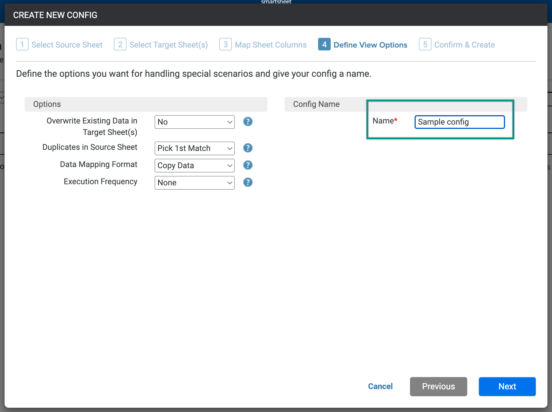 Define view options window with config name set as Sample config.