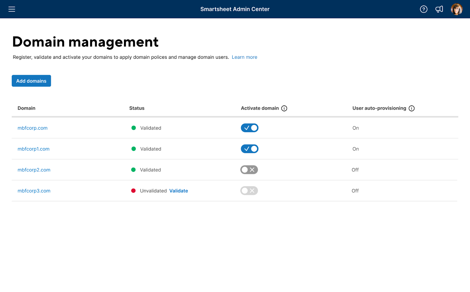 Domain Management page