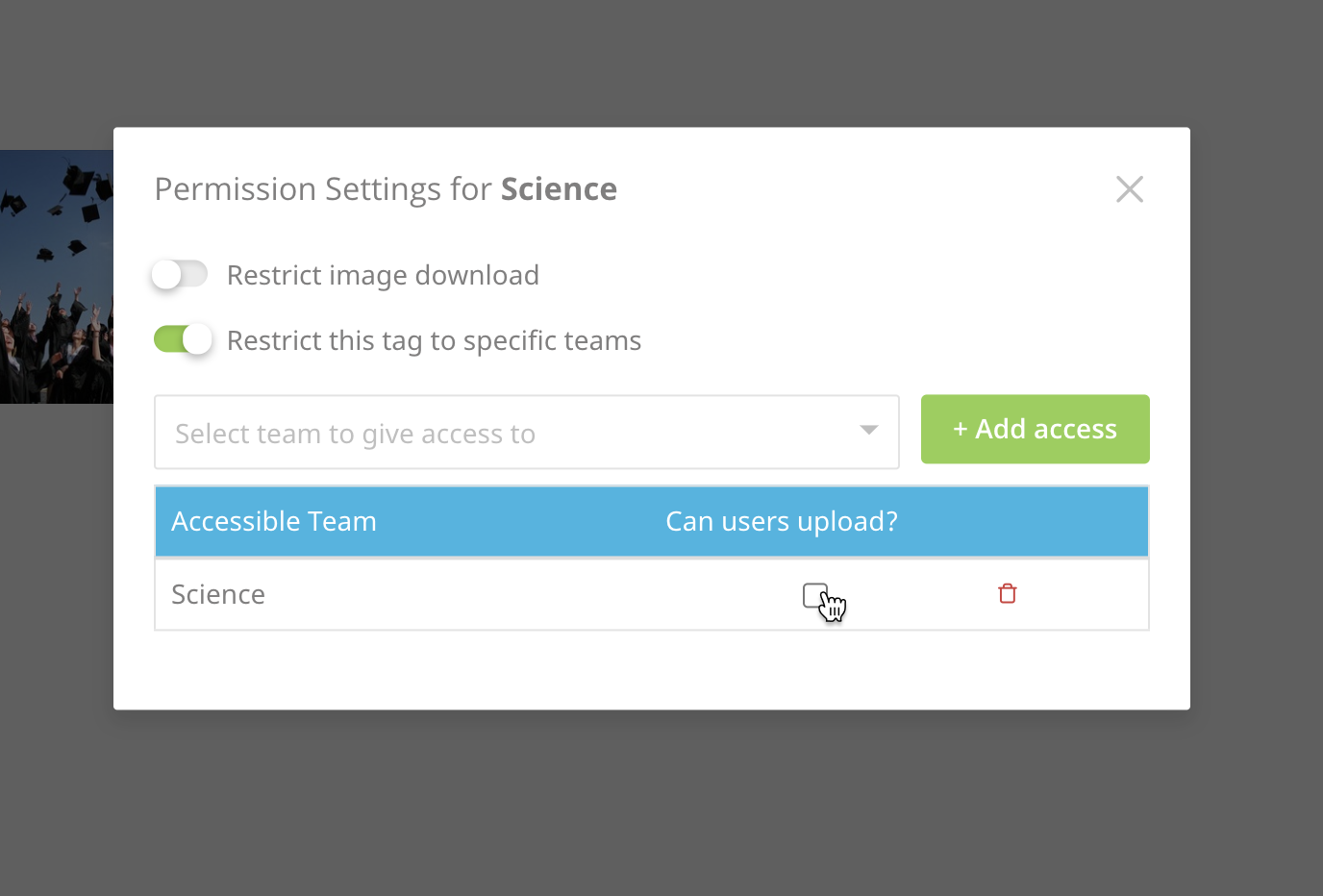 Checkbox for tag uploading permissions