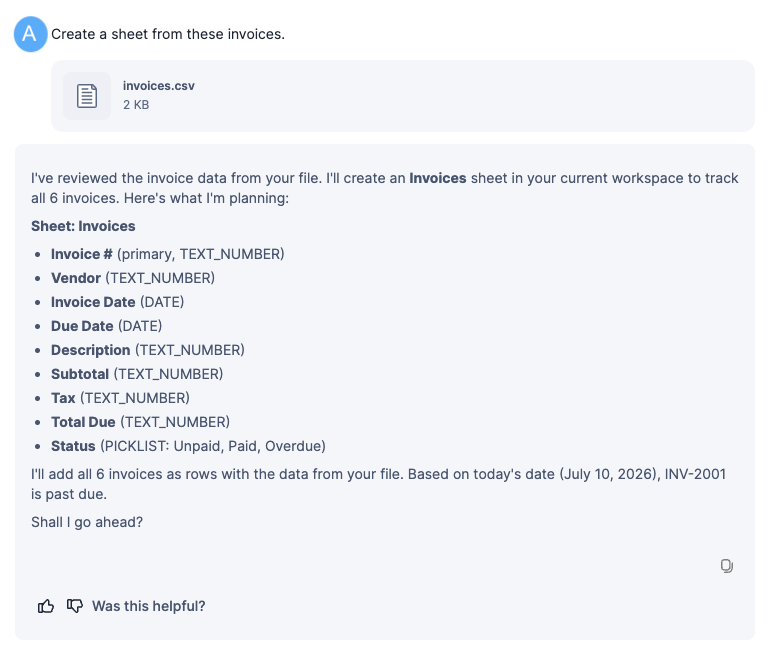 Smart Assist prompt that includes a CSV file and requests creating a sheet from the CSV file content.