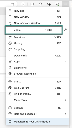 Edge menu showing zoom in and out controls