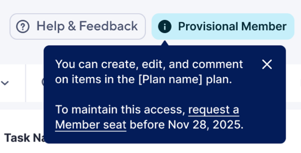 Provisional Member tooltip