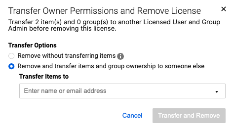 Transfer Owner permissions and remove license window